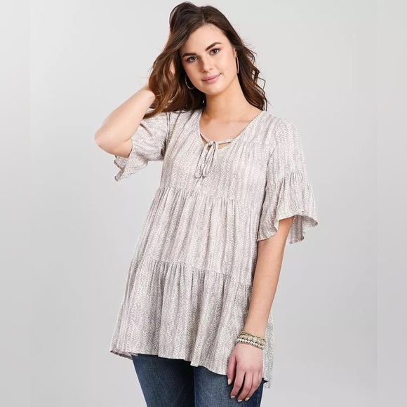 Gray White Tiered Ribbed Knit Babydoll Tunic Top with flutter sleeves #1509 - Picture 1 of 10